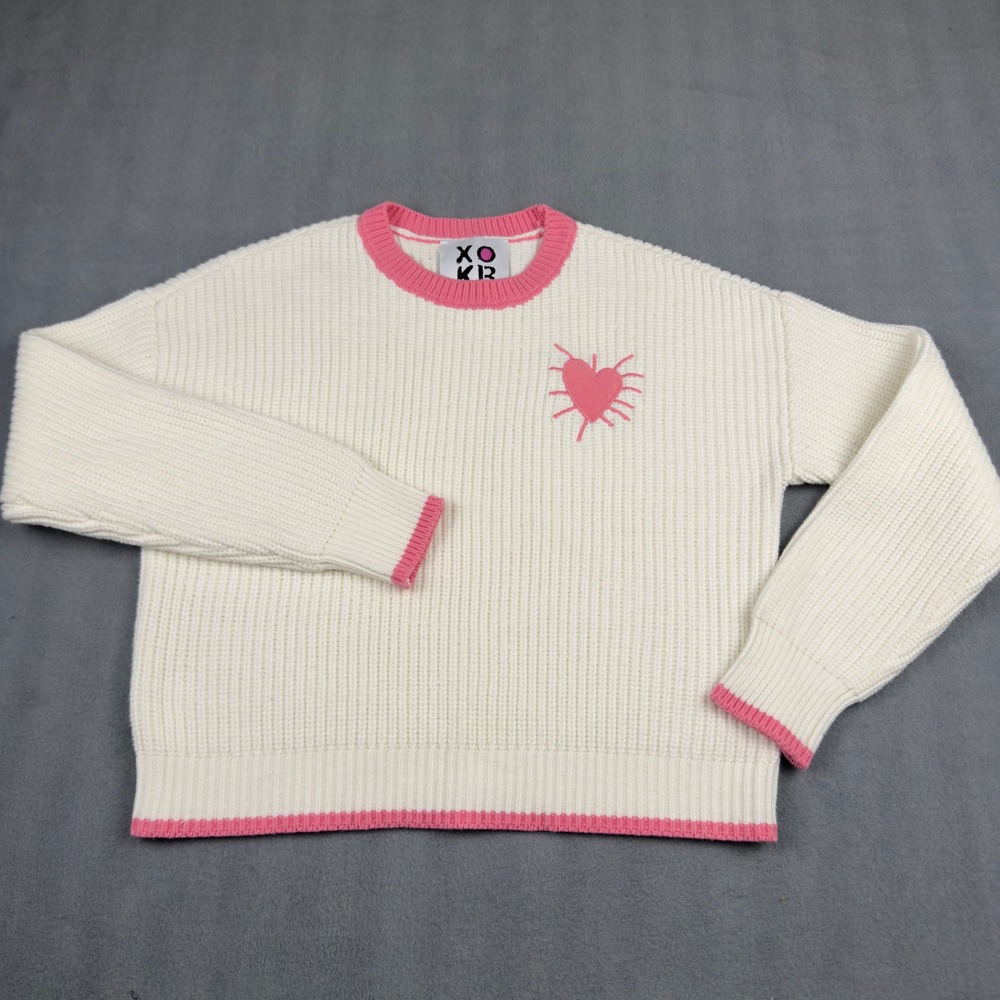 Kerri Rosenthal XOKR Heart Patch Ribbed Knit Sweater Cream Pink Trim XS